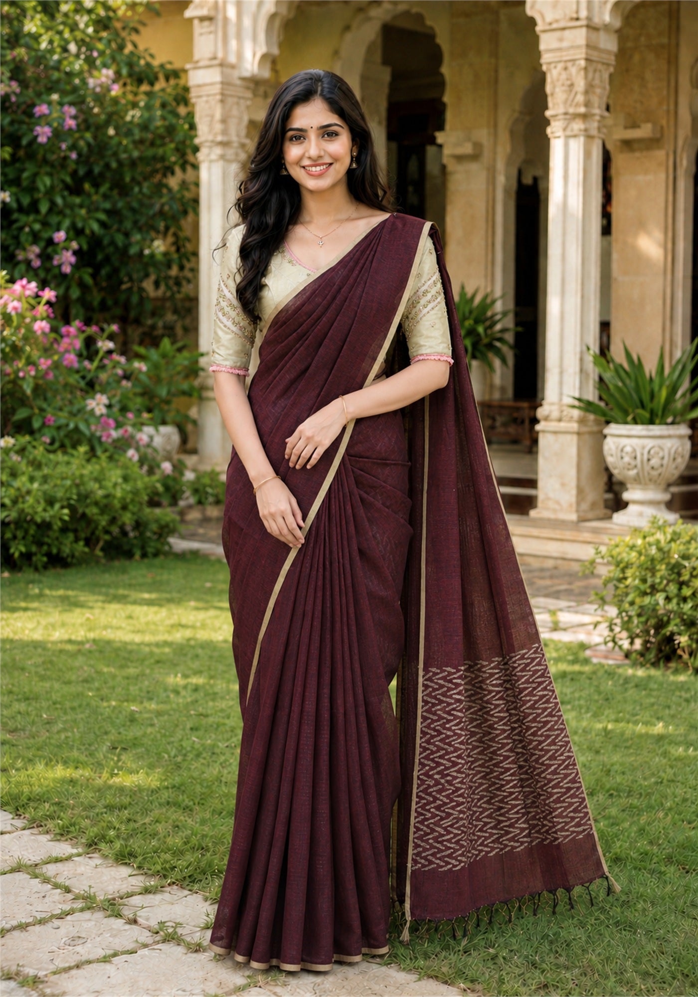 Linen Cotton Saree Wine Maroon Antique Gold Beige Border - LCS-1-5001 - view 1